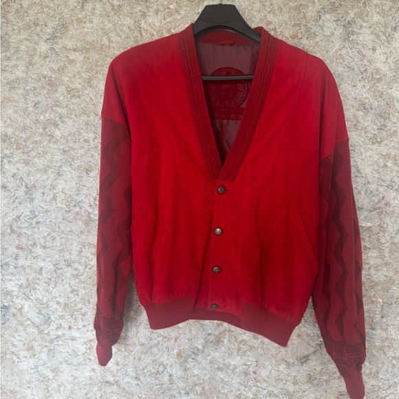 Vintage AMGE Red Leather & Knit Bomber Jacket XL- Made in Spain - Picture 15 of 16